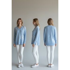 Laurie Felt Snowflake‎ V-Neck Sweater Light Blue Cashmere Blend XXS Winter Knit